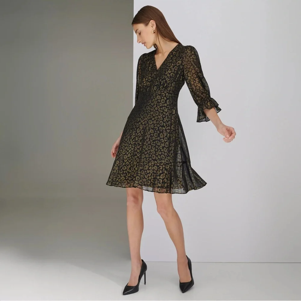 NWT Harper Rose 3/4 Sleeve Tulip Cuff Dress Black & Gold Size 4 - Picture 4 of 6